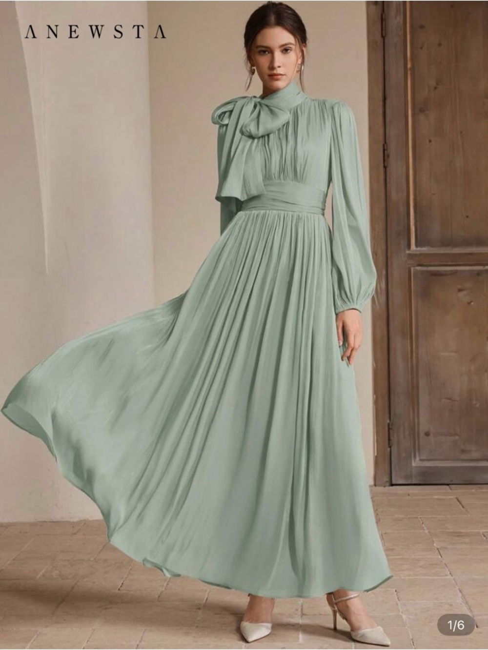 ANewsta Sage Green Long Sleeve Bow Tie Maxi Dress